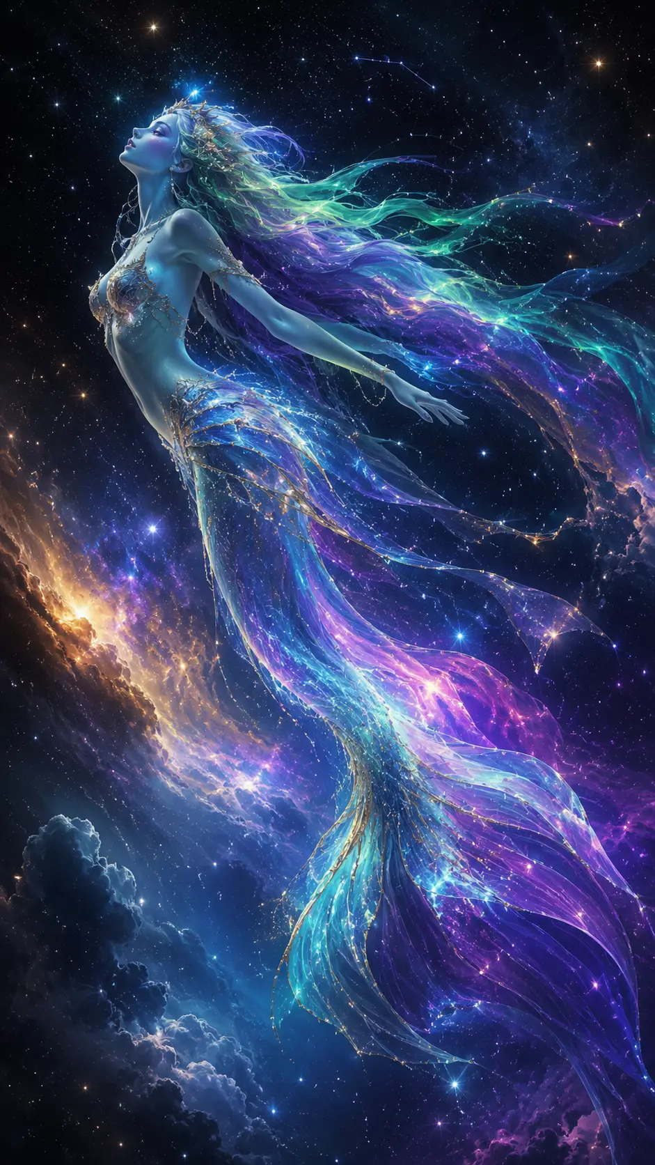 Sirena d’aurora che scivola in un cielo cosmico pieno di stelle