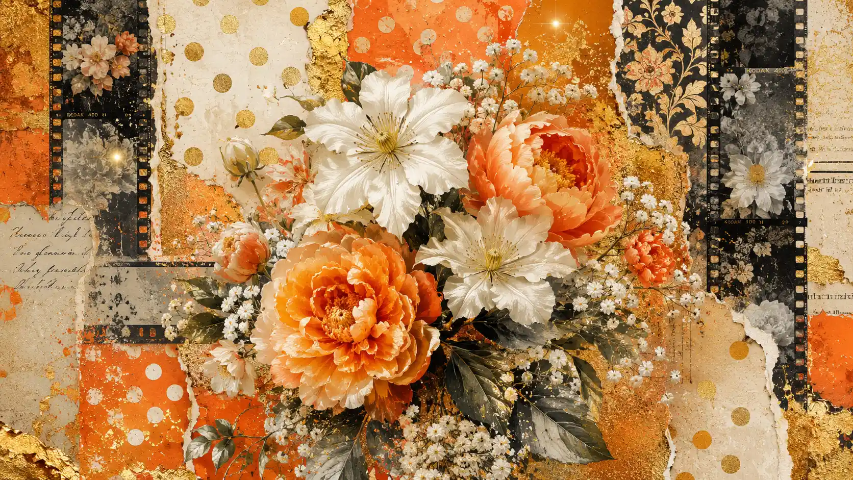 Floral bouquet painting with mixed media collage background