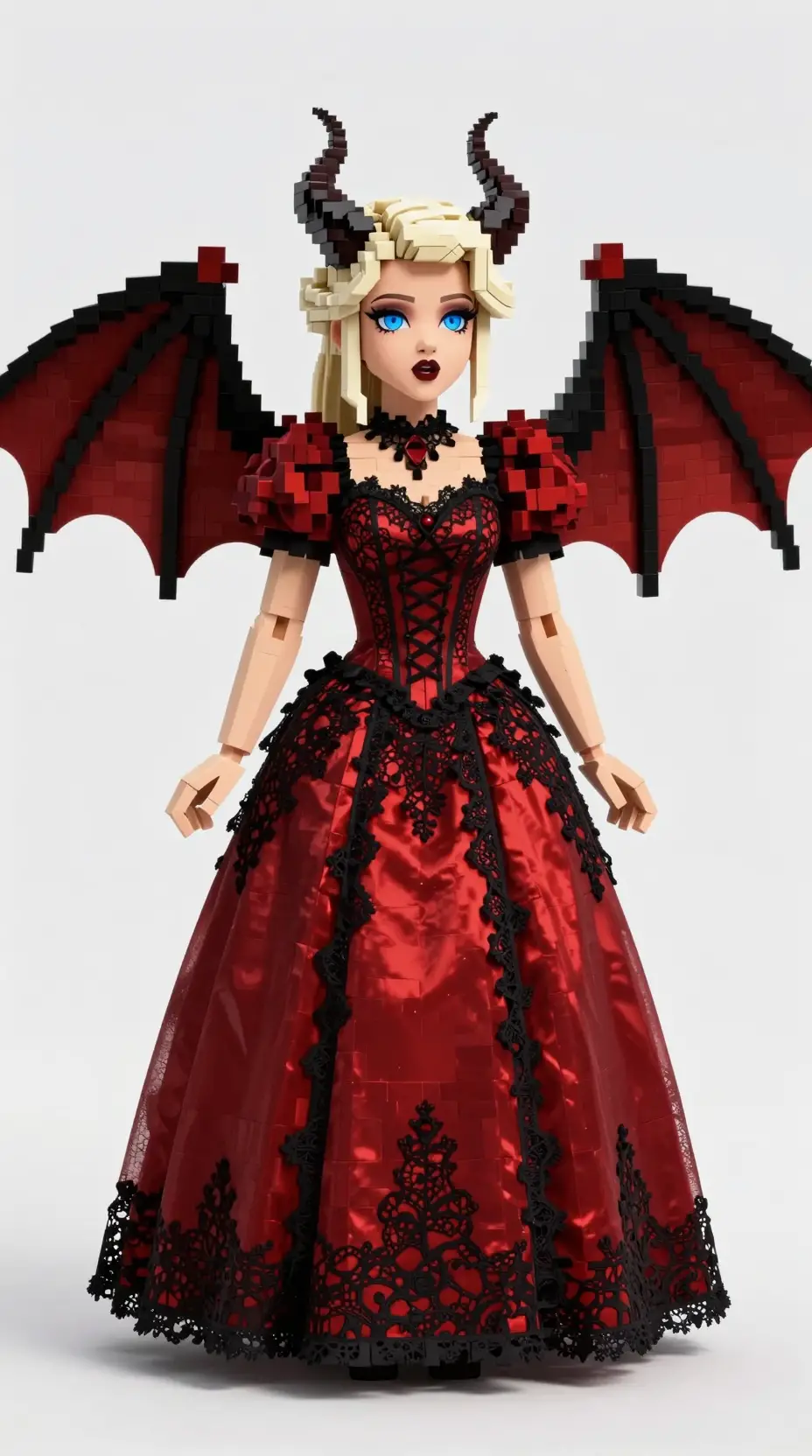 Princesa gótica com chifres em vestido de renda vermelho e asas de morcego