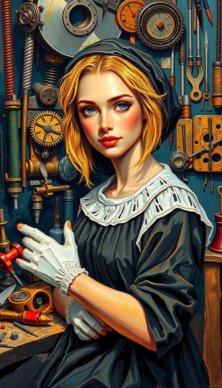Impasto portrait of a focused woman in a steampunk workshop