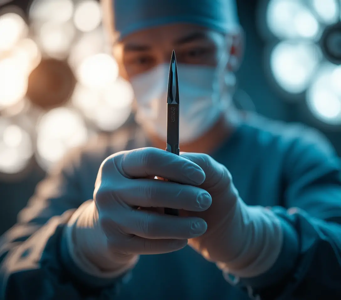 Mains de chirurgien tenant un scalpel dans un bloc opératoire dramatique