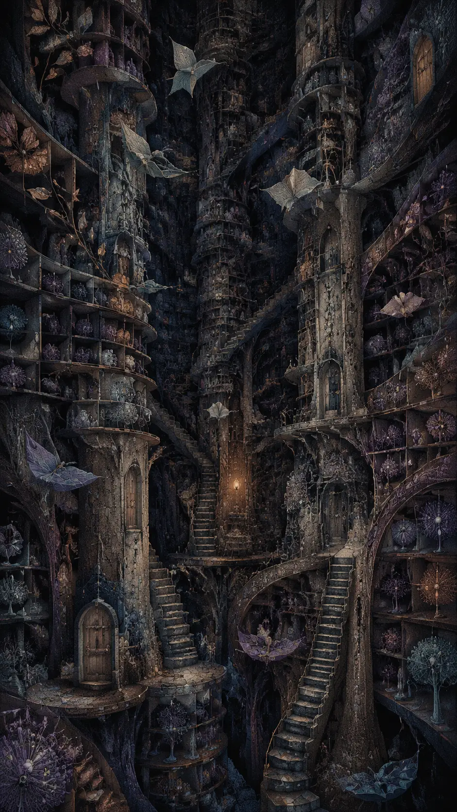 Surreal towering library with organic shelves and one warm light