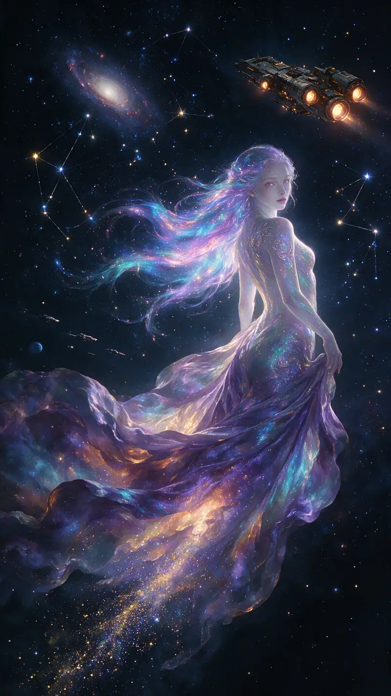 Sirena spettrale d’aurora che nuota in un cielo pieno di stelle