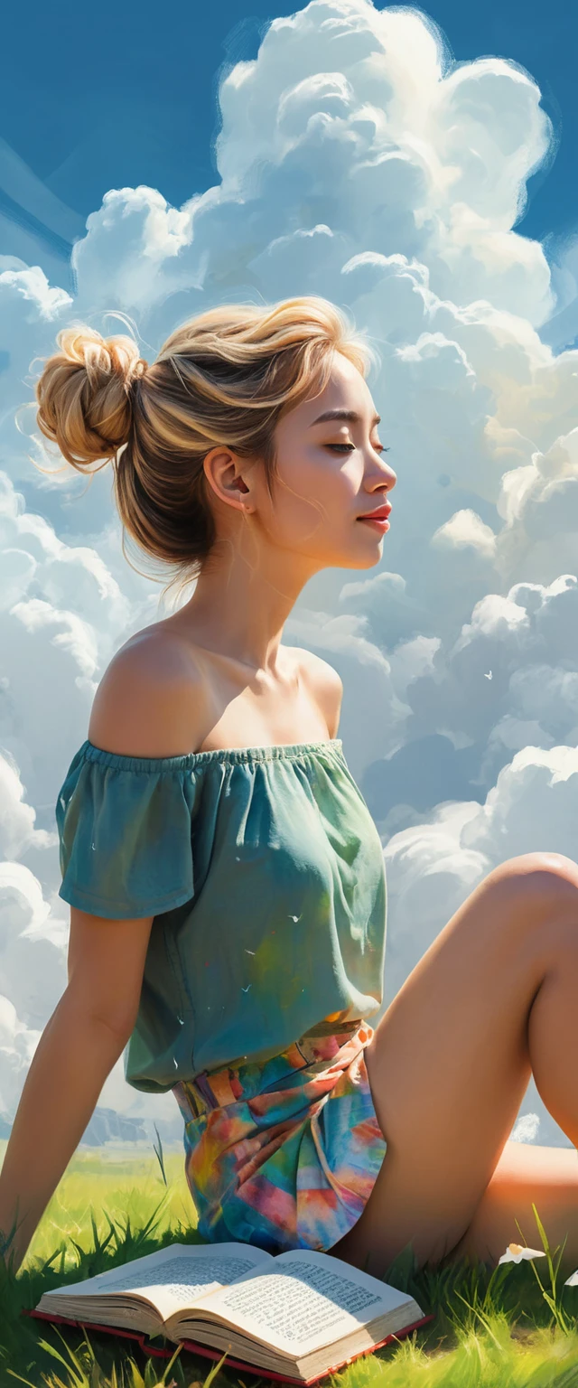 Ätherische blonde Frau auf einer Wolke über einer wilden grünen Landschaft