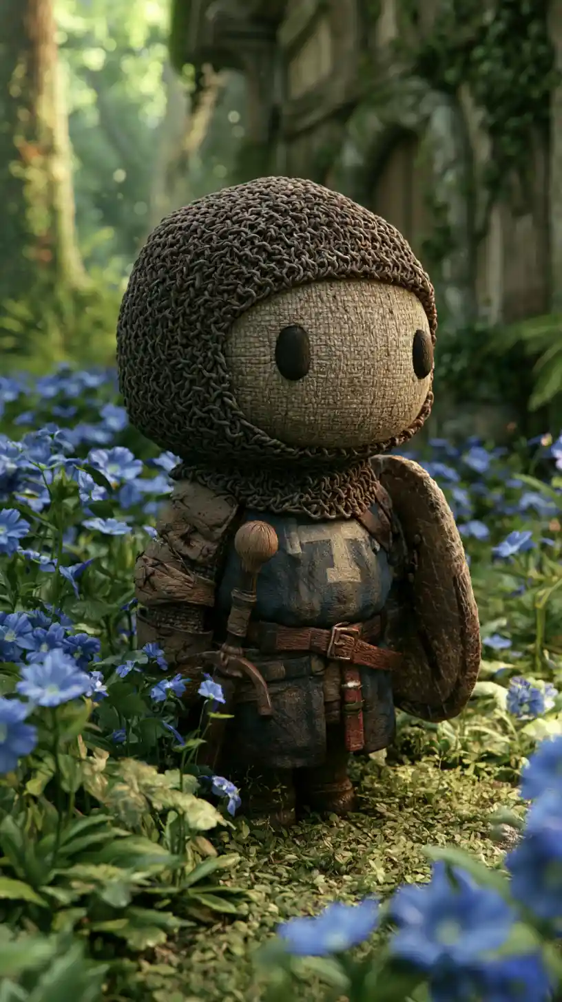 Cute mini medieval crusader warrior resting by a forest inn