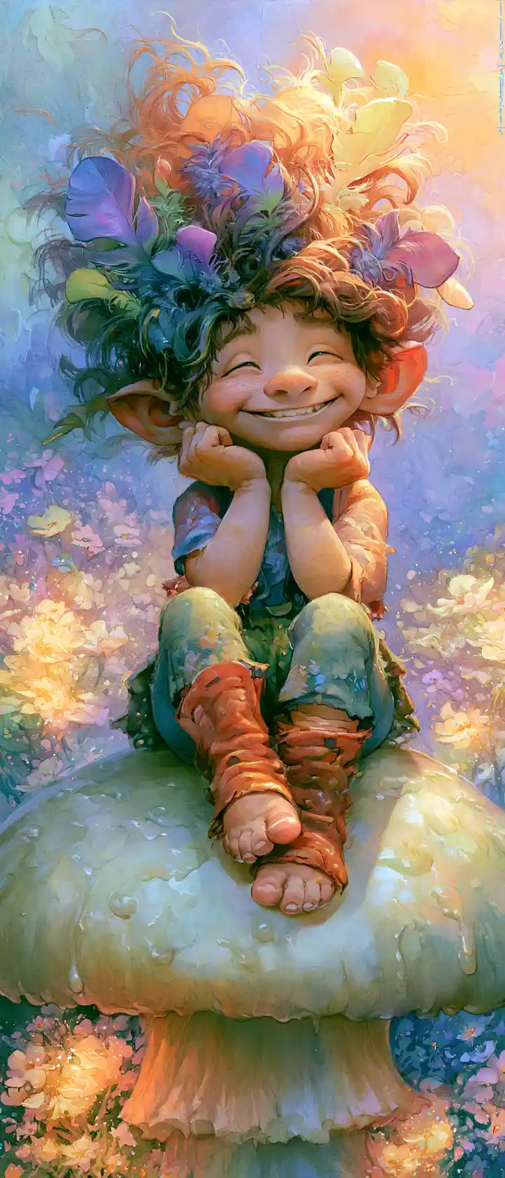 Playful fairy on a giant mushroom in an enchanted meadow