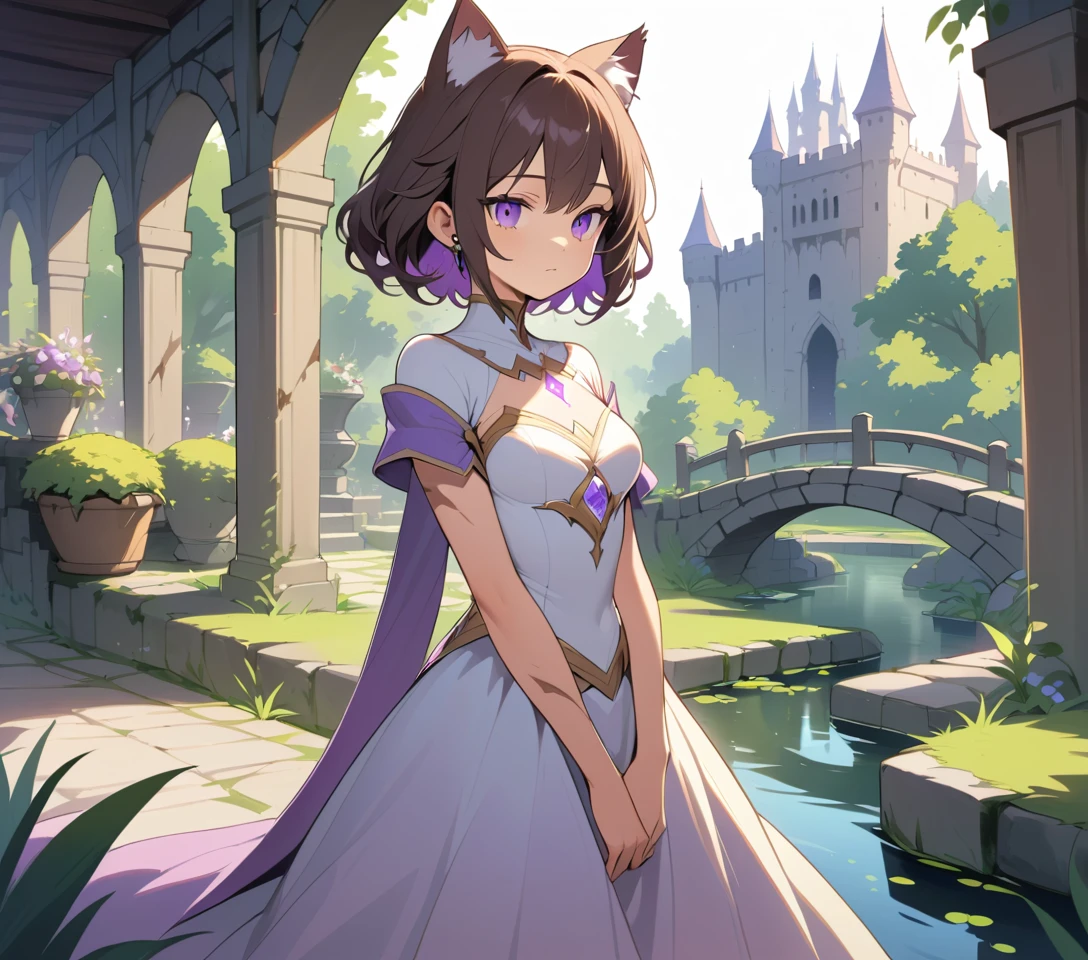 Princesse féline mystique dans le jardin serein d’un château médiéval