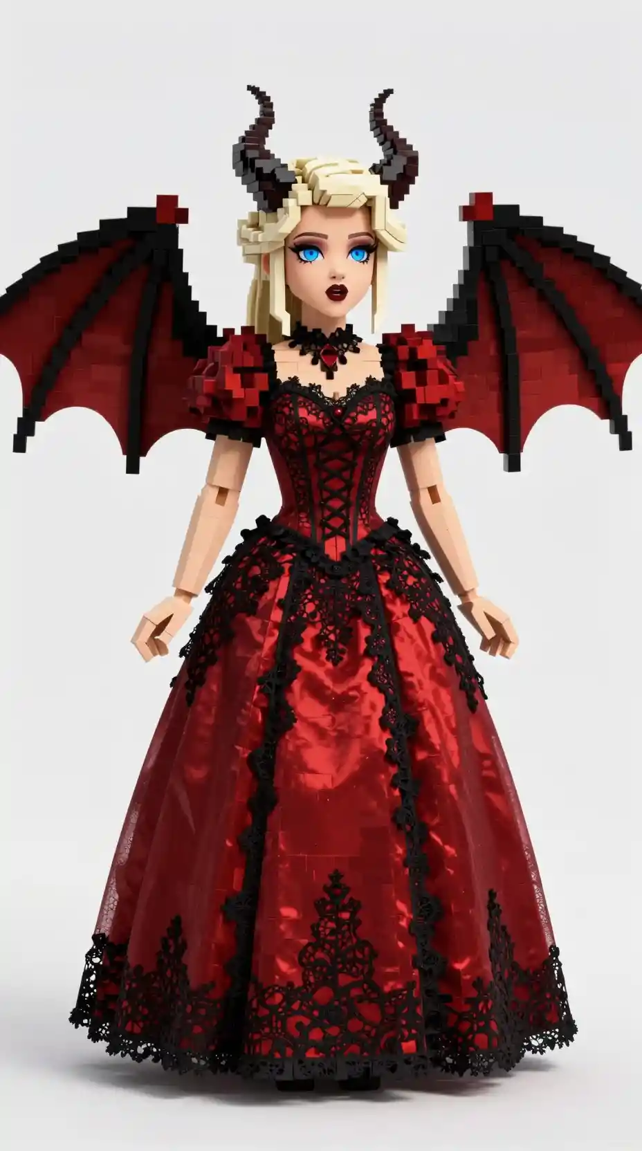 Princesa gótica com chifres em vestido de renda vermelho e asas de morcego
