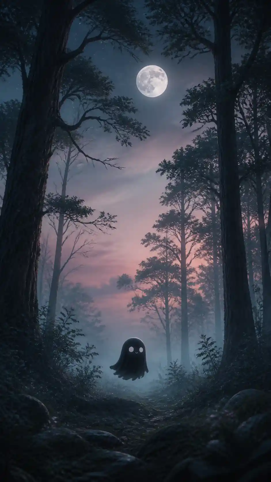 Petit fantôme noir dérivant dans une forêt brumeuse au clair de lune