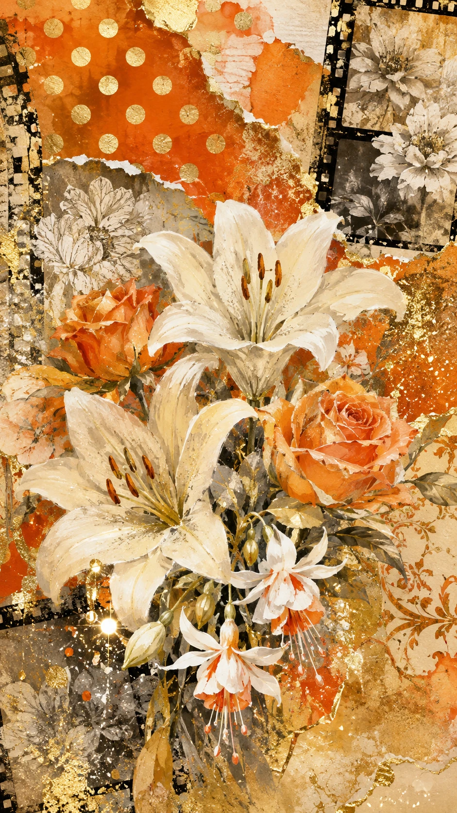 Blumenstrauß als Mixed-Media-Collage vor warmem abstraktem Hintergrund