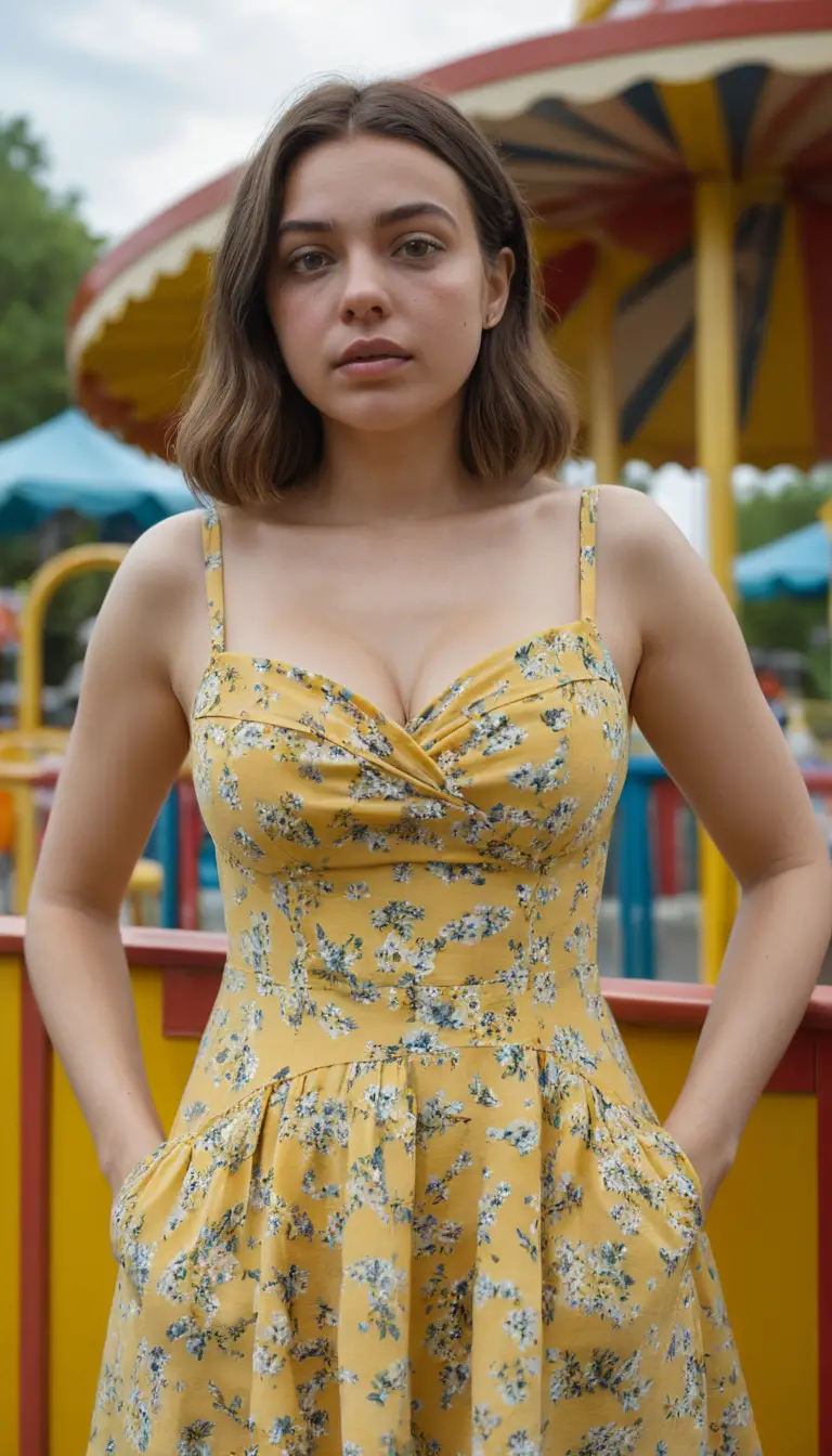Scared woman in yellow sundress at an amusement park
