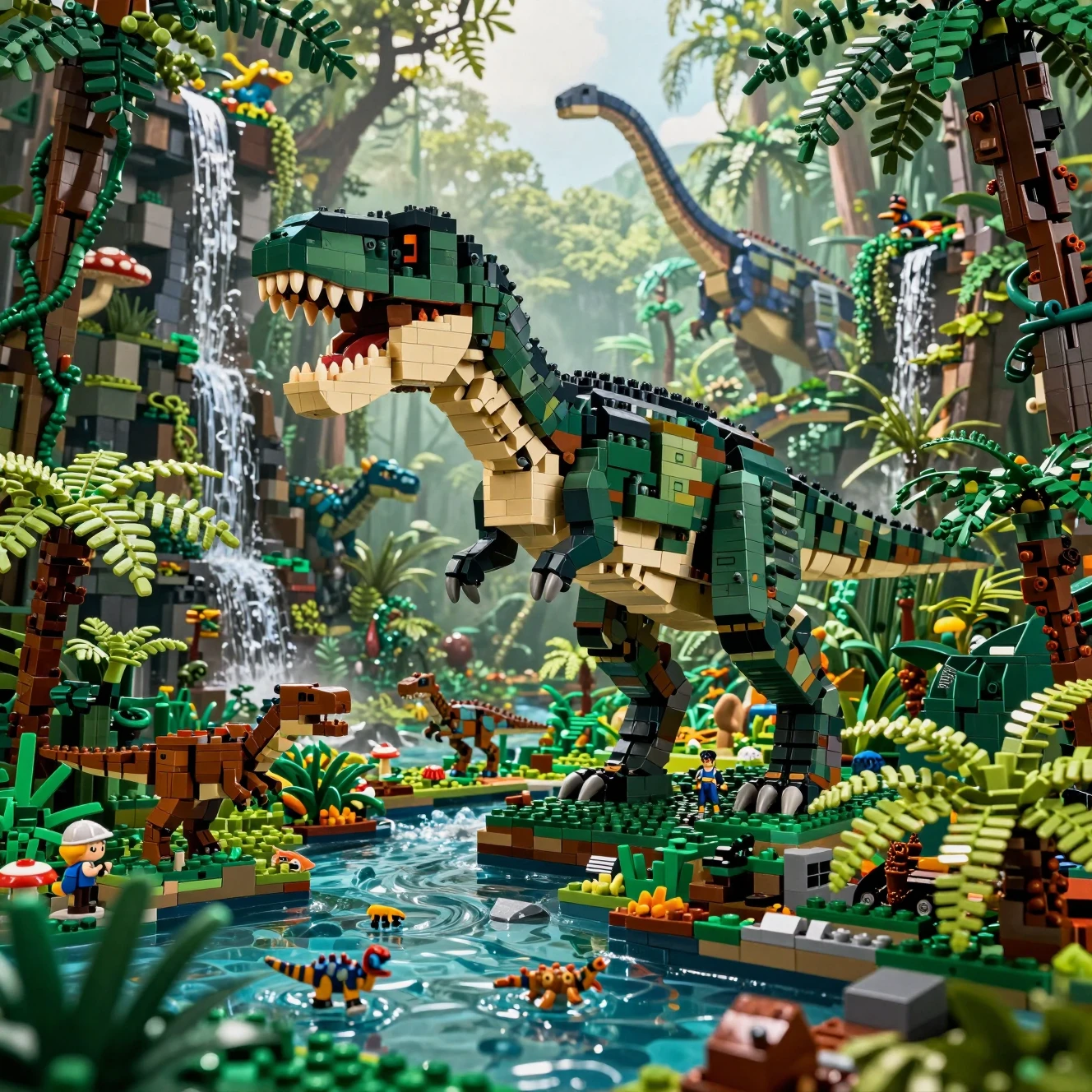 Gigantesco dinossauro de blocos vagando por um diorama de selva pré-histórica