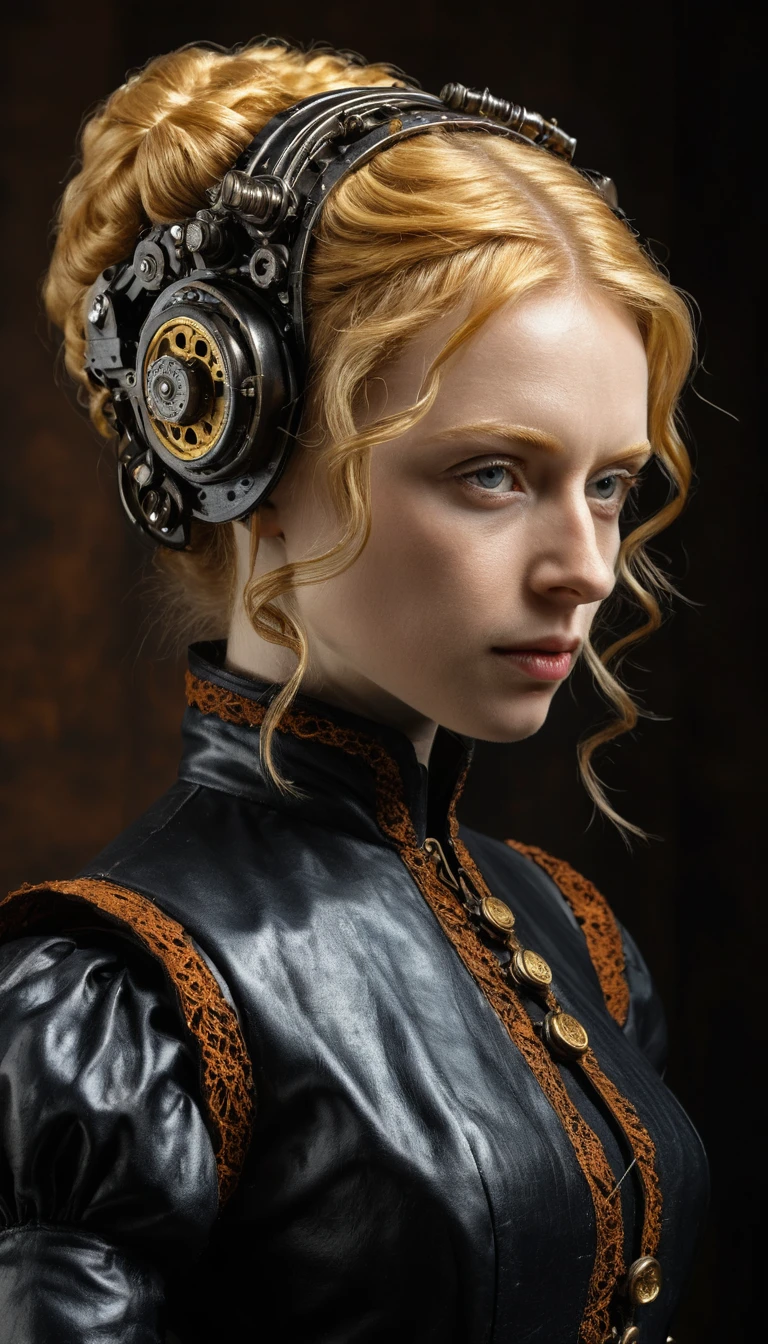 Retrato em impasto de uma mulher em uma oficina mecânica steampunk
