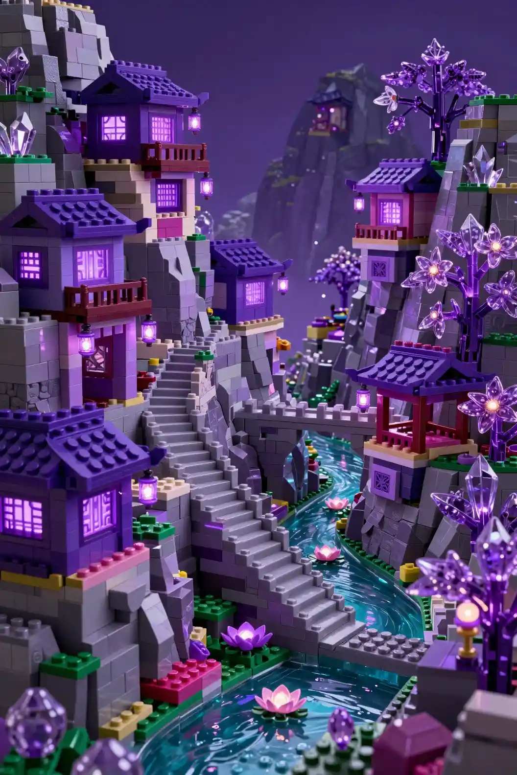 Cidade montanhosa fantástica com arquitetura de blocos plásticos luminosos