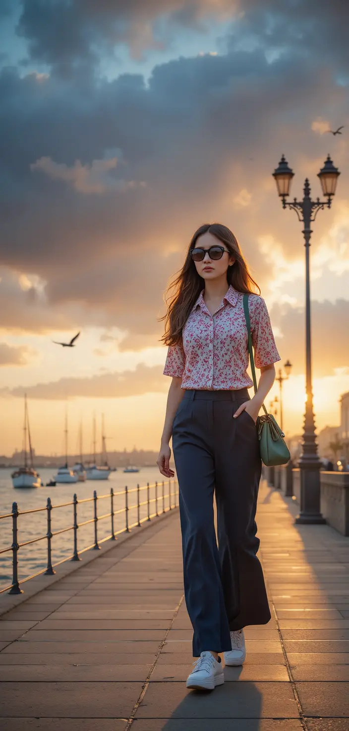 Mujer elegante caminando por el paseo marítimo al atardecer