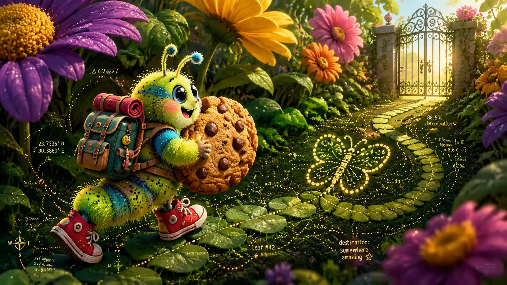 Cute caterpillar with backpack crawling toward garden gate