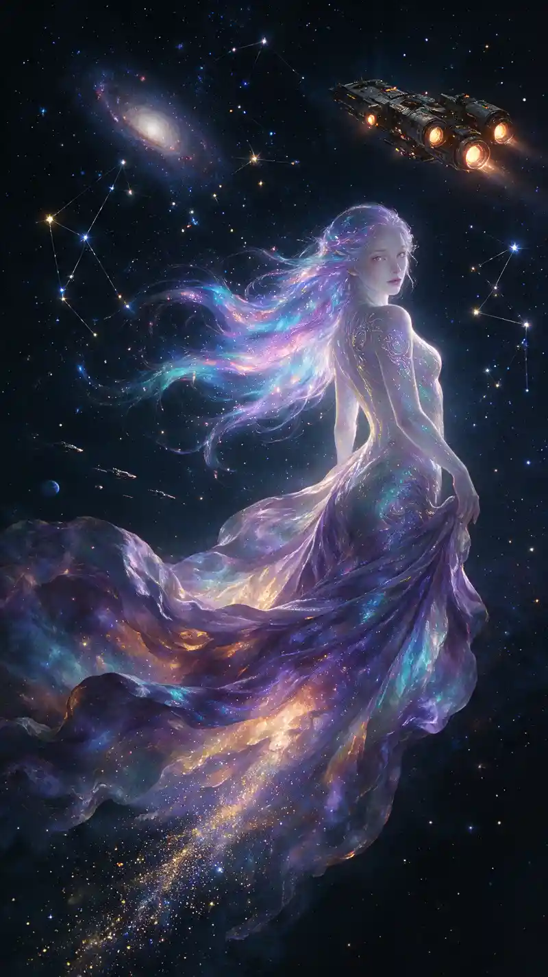 Sirena spettrale d’aurora che nuota in un cielo pieno di stelle