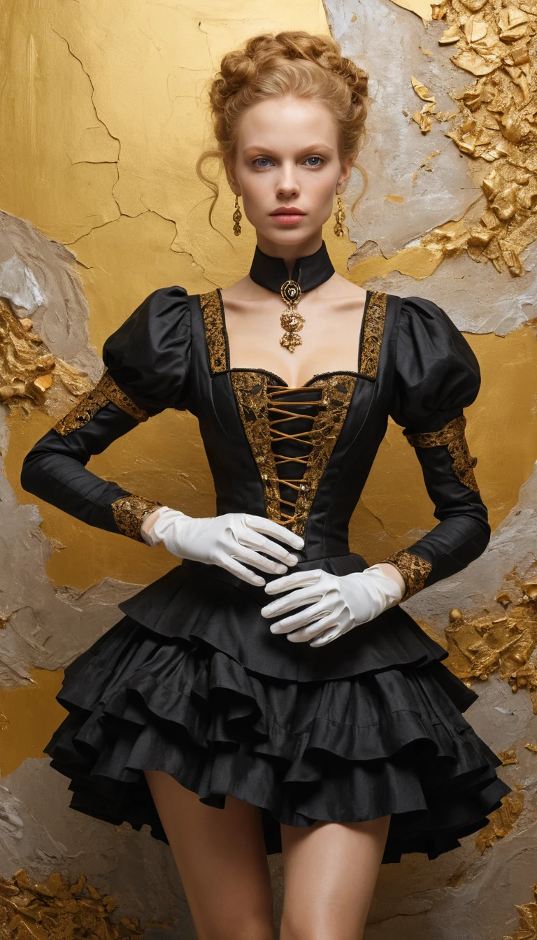 Pintura em impasto de uma mulher concentrada em uma oficina steampunk