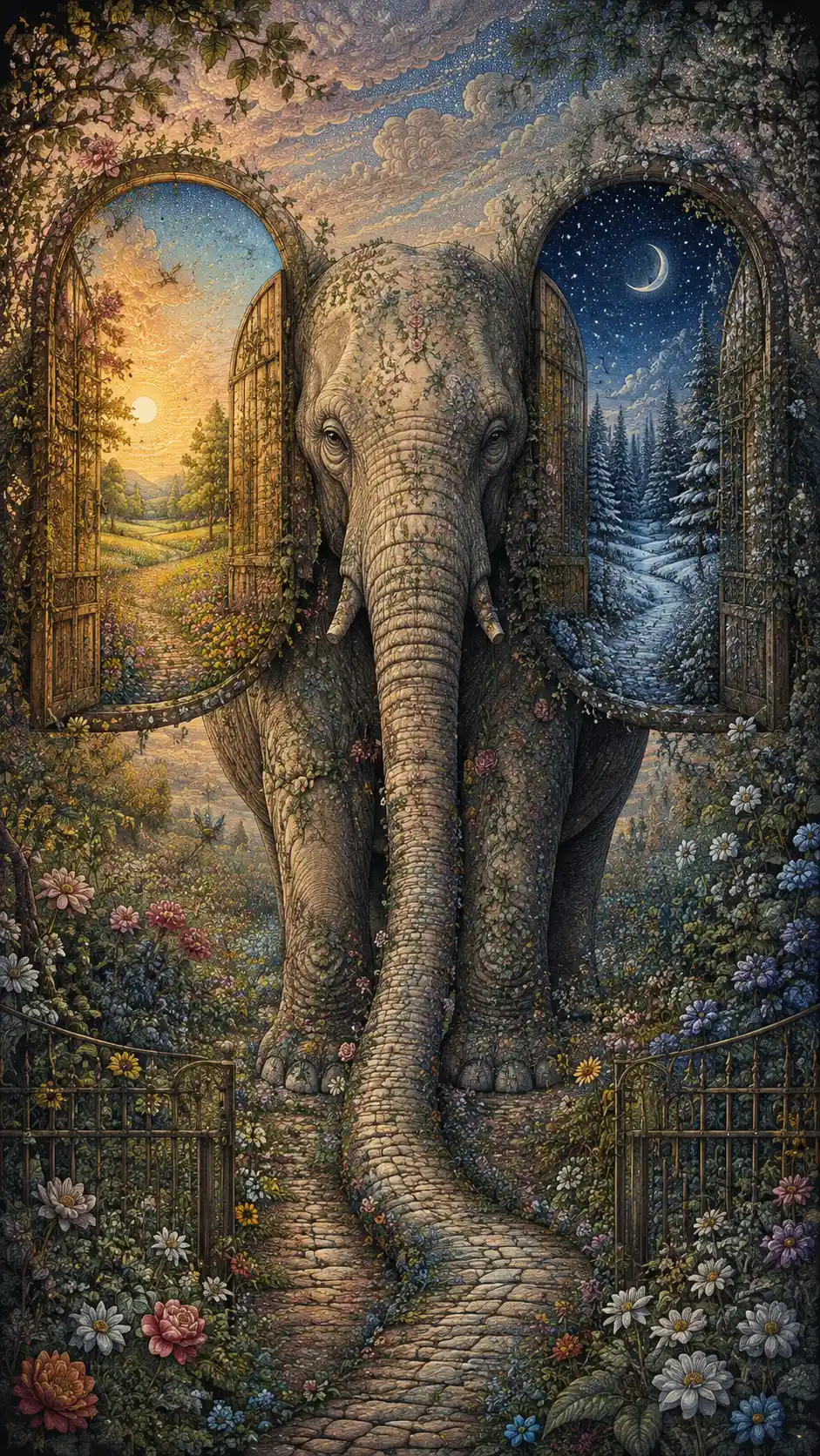 Portal Surreal de Elefante ao Lado de um VastO Jardim Fantástico