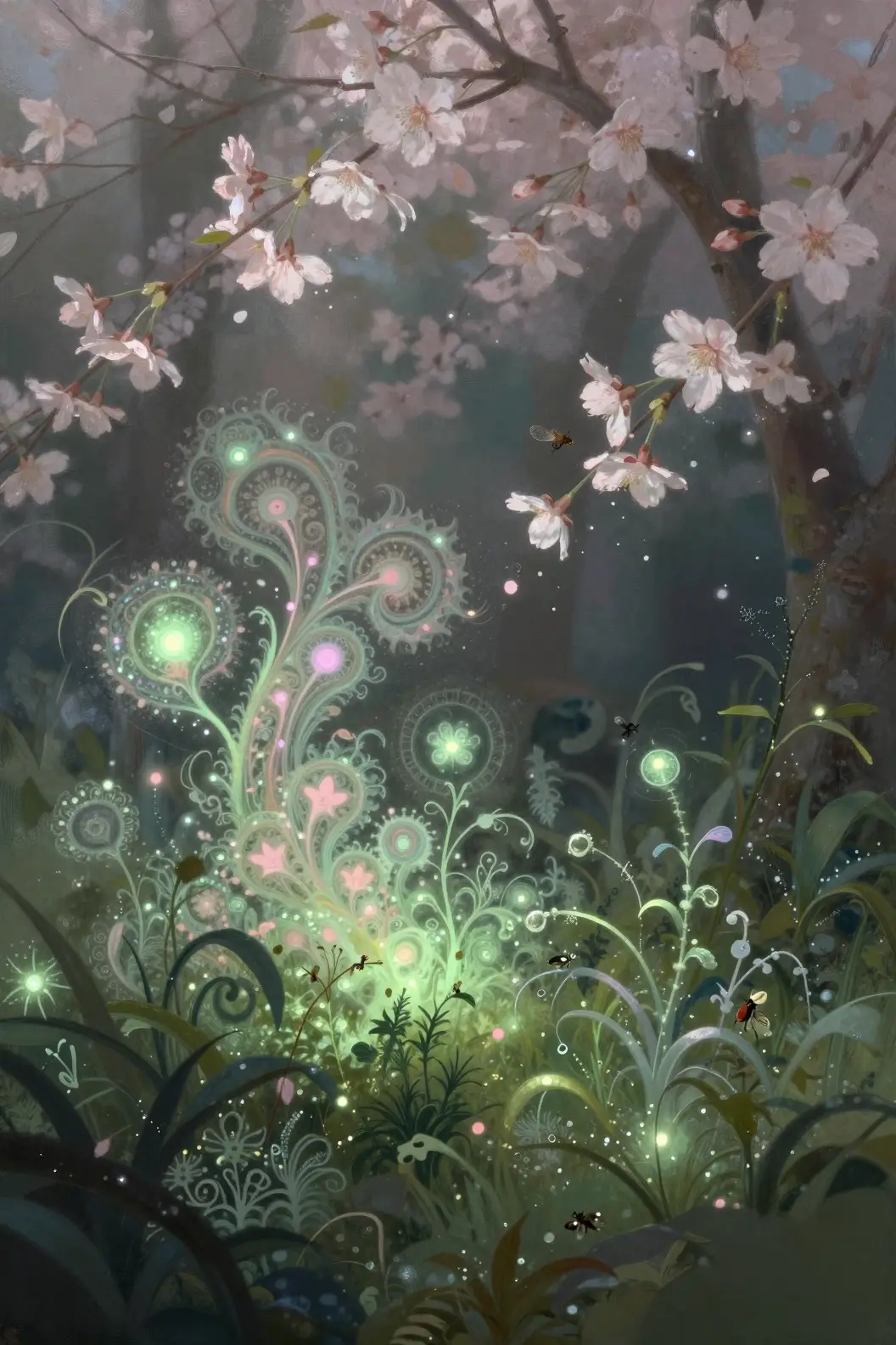 幻想的なボタニカル風景と輝くフラクタルの葉