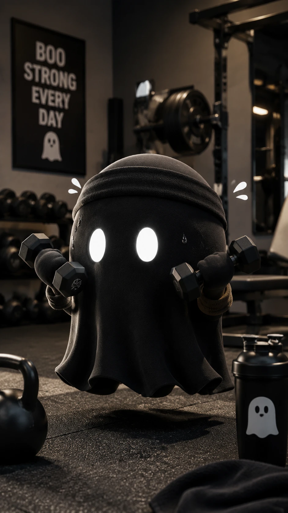 Fofo fantasminha preto se exercitando em uma academia iluminada