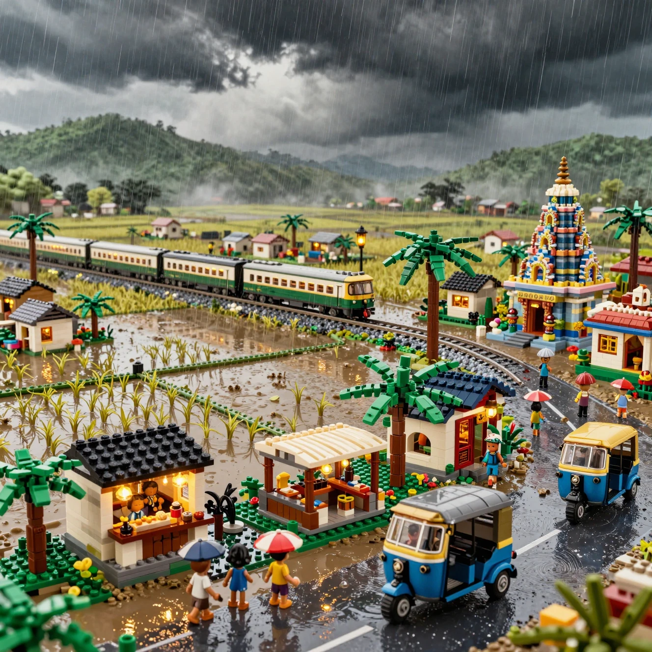Villaggio Indiano in Miniatura di Mattoni in una Drammatica Tempesta di Monsoni