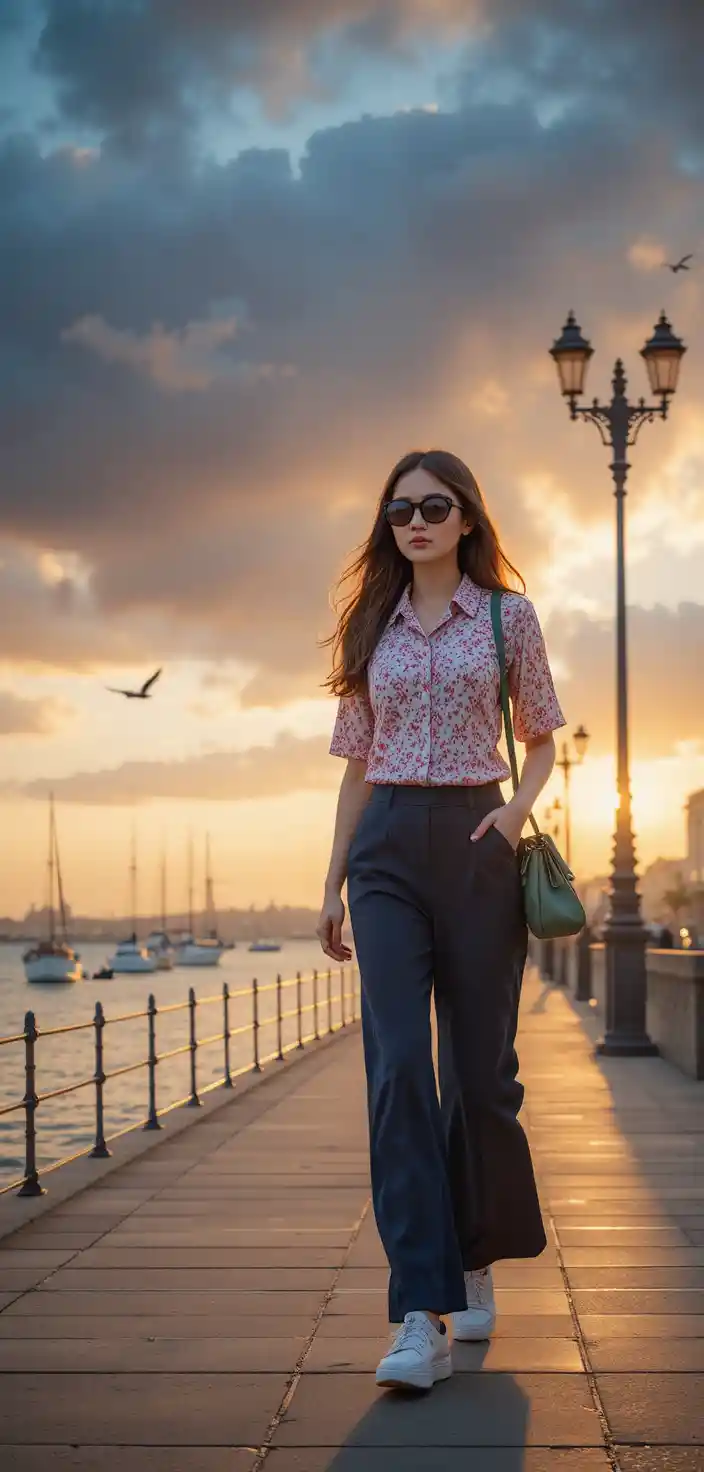 Mujer elegante caminando por el paseo marítimo al atardecer