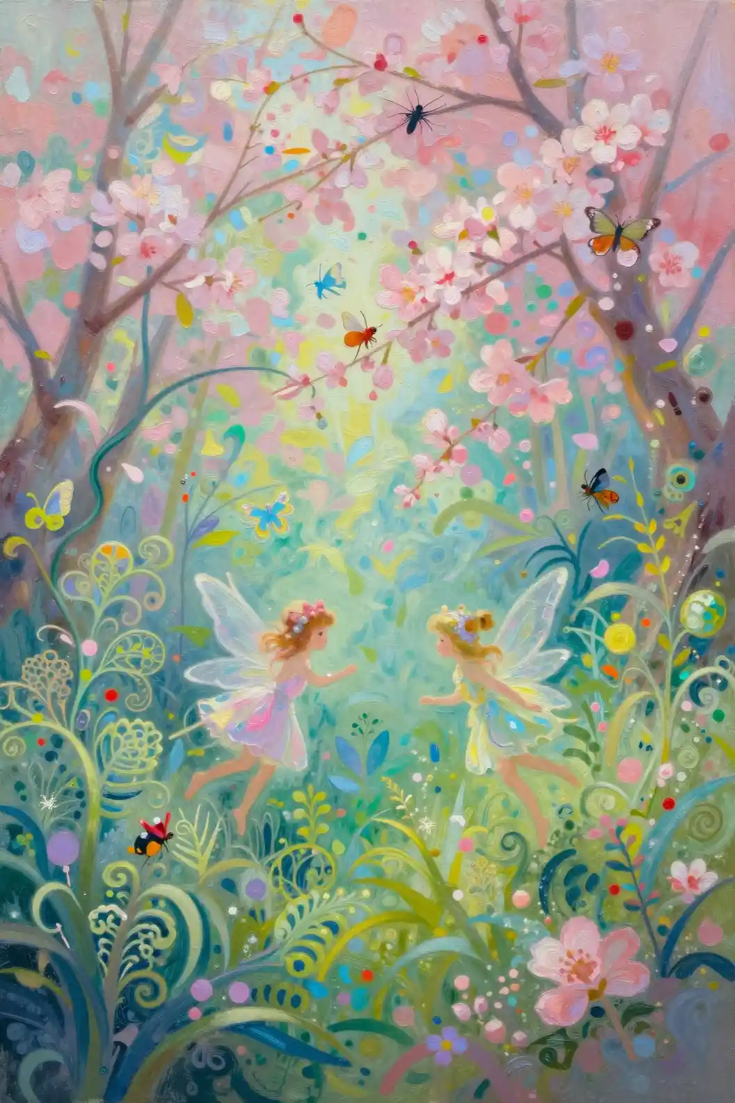 Fadas Dançando em uma Floresta de Sakura Fantasia em Tons Pastel