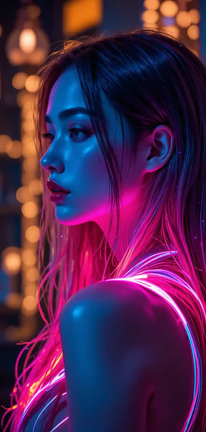 Mulher futurista em neon em retrato sereno de perfil