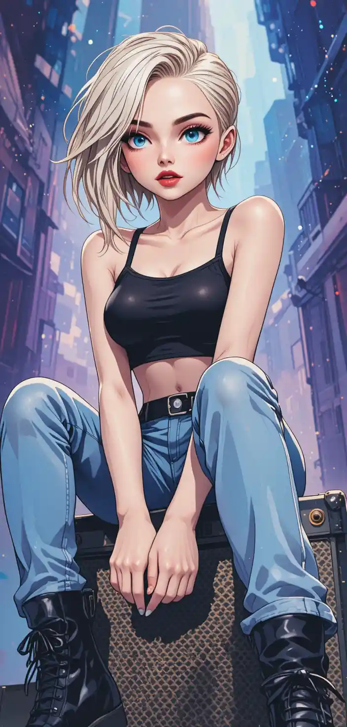 Garota de anime sentada em amplificador de palco em ângulo baixo