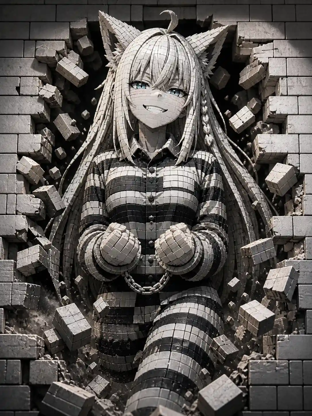 Woman breaking through a solid brick prison wall