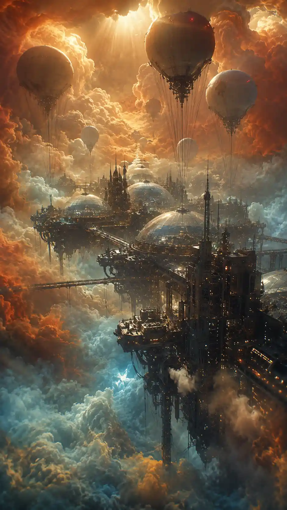 Colossal floating industrial city buried in turbulent clouds