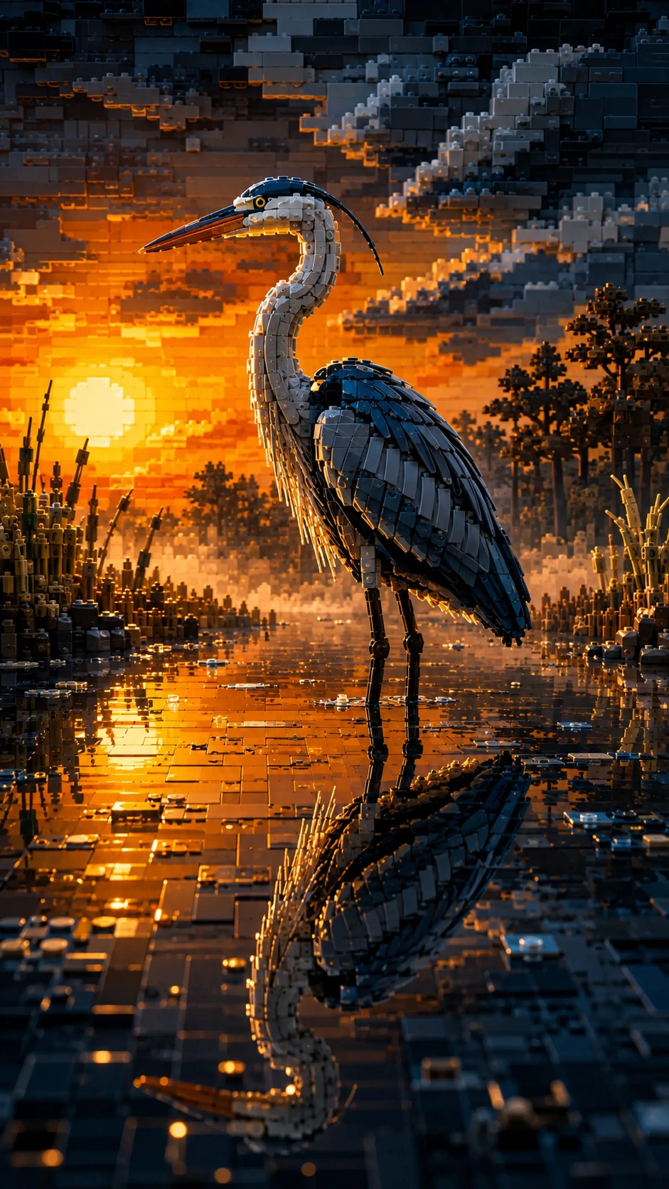 Garça de Lego em paisagem aquática reflexiva ao nascer do sol