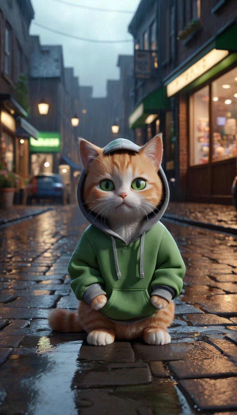 Gatinho ruivo triste de moletom em rua chuvosa de neon