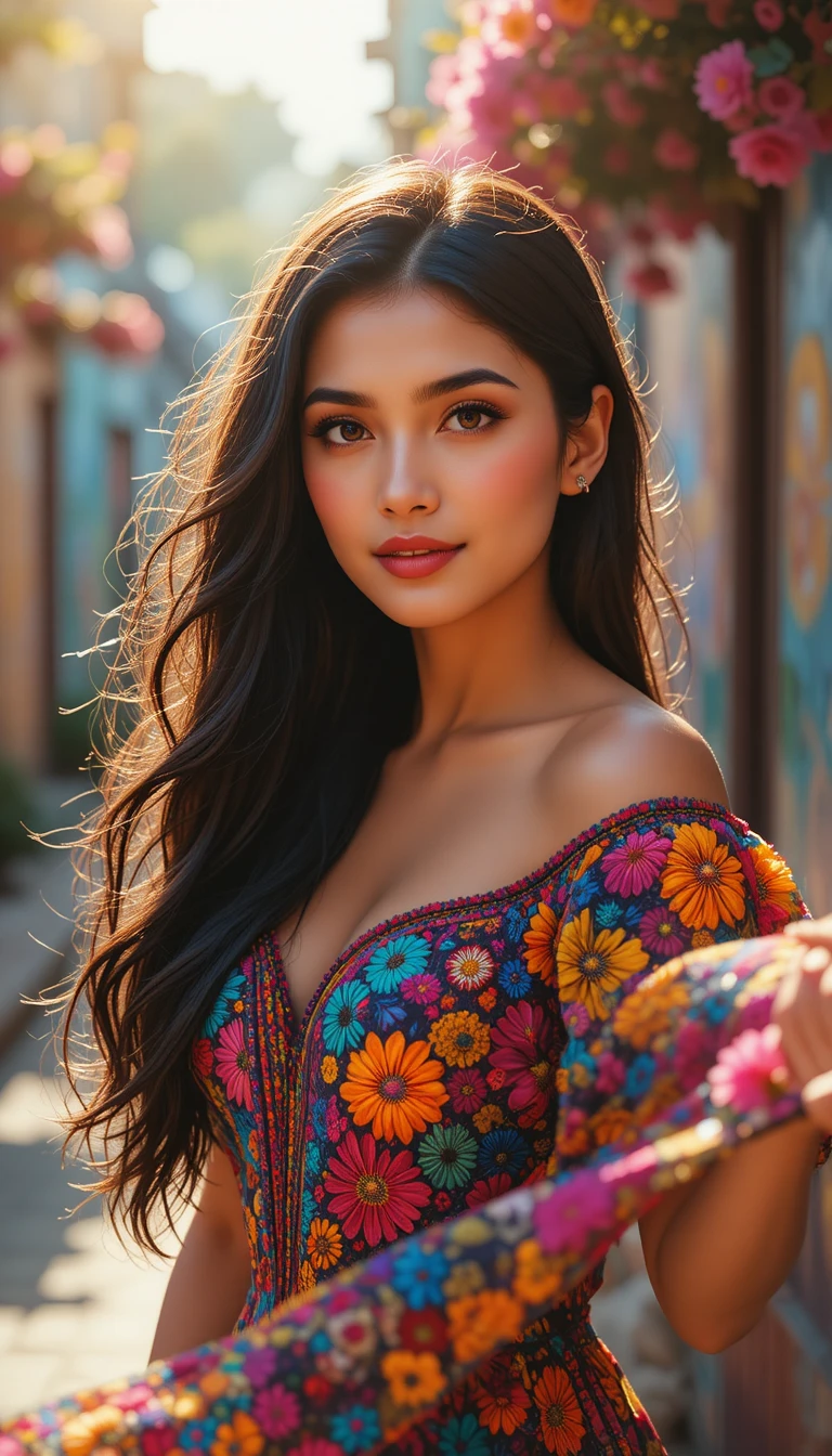 Mulher latina em vestido tradicional colorido em retrato ao sol