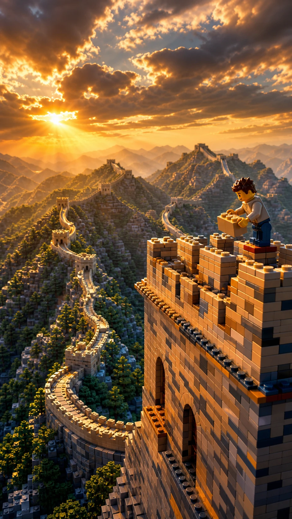 Grande Muraille de Chine construite en briques de jouet colorées au lever du soleil