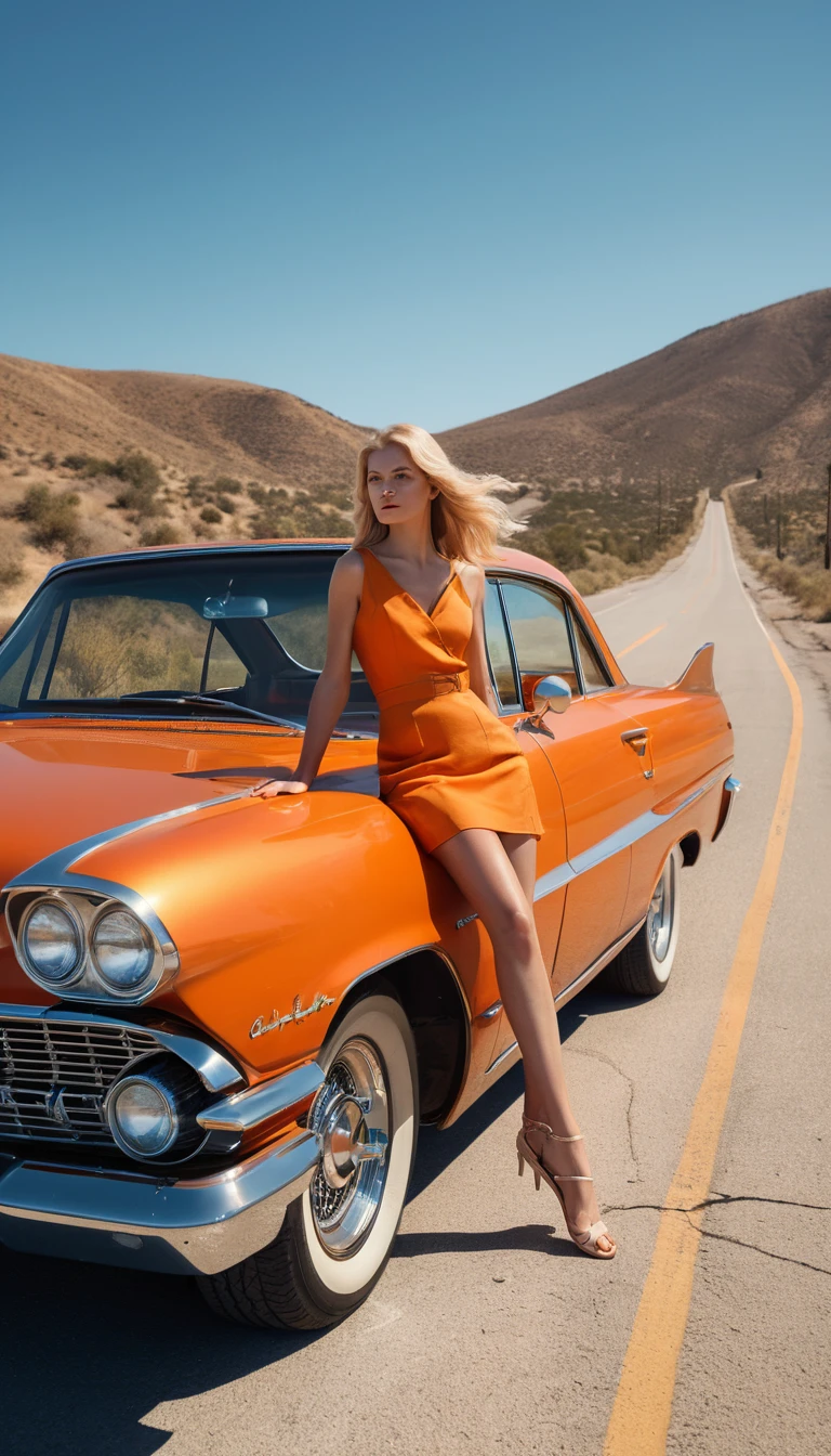 Mulher confiante ao lado de carro vintage laranja em estrada no deserto