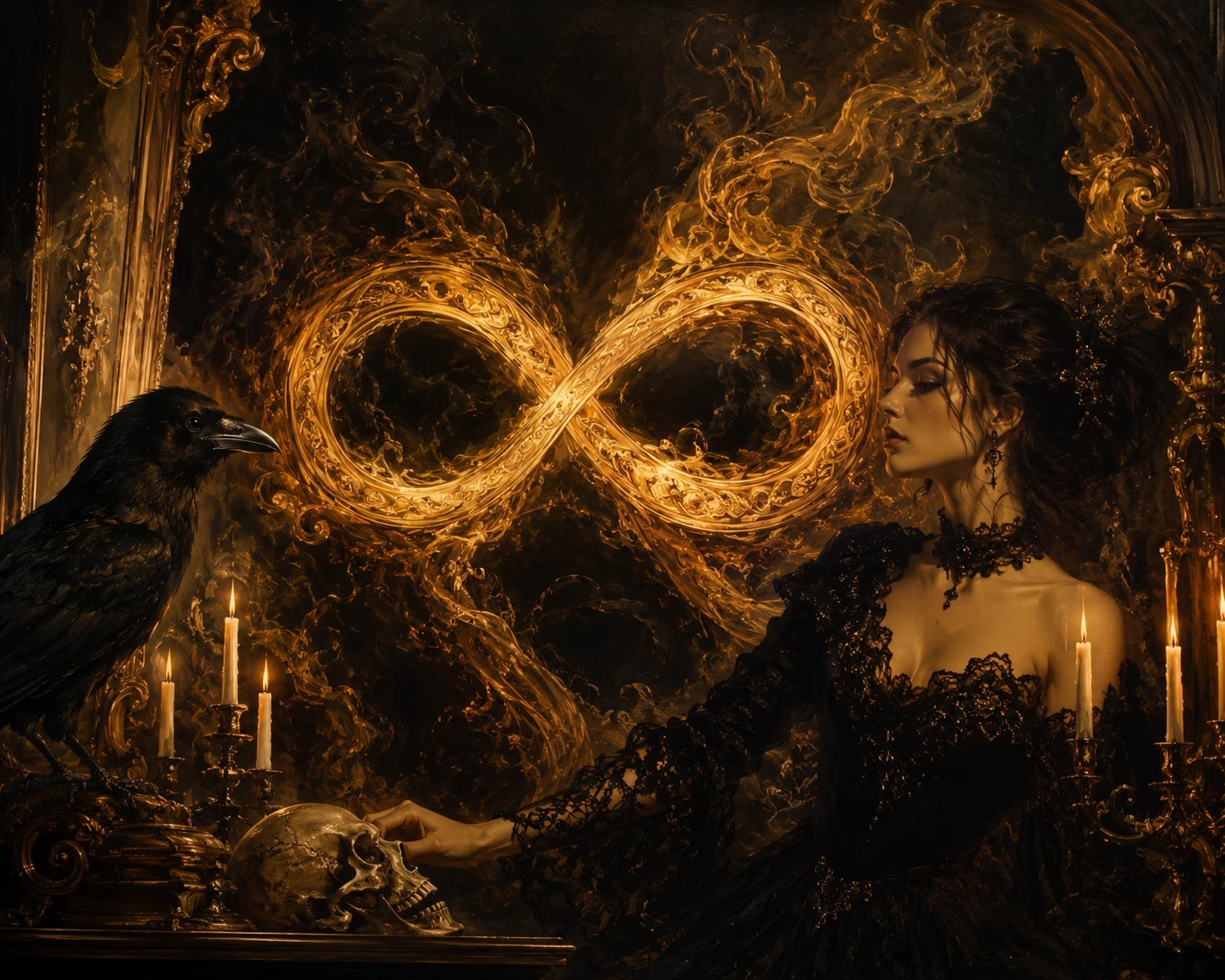 Symbole d’infini fantasy baroque dans les ombres aux chandelles