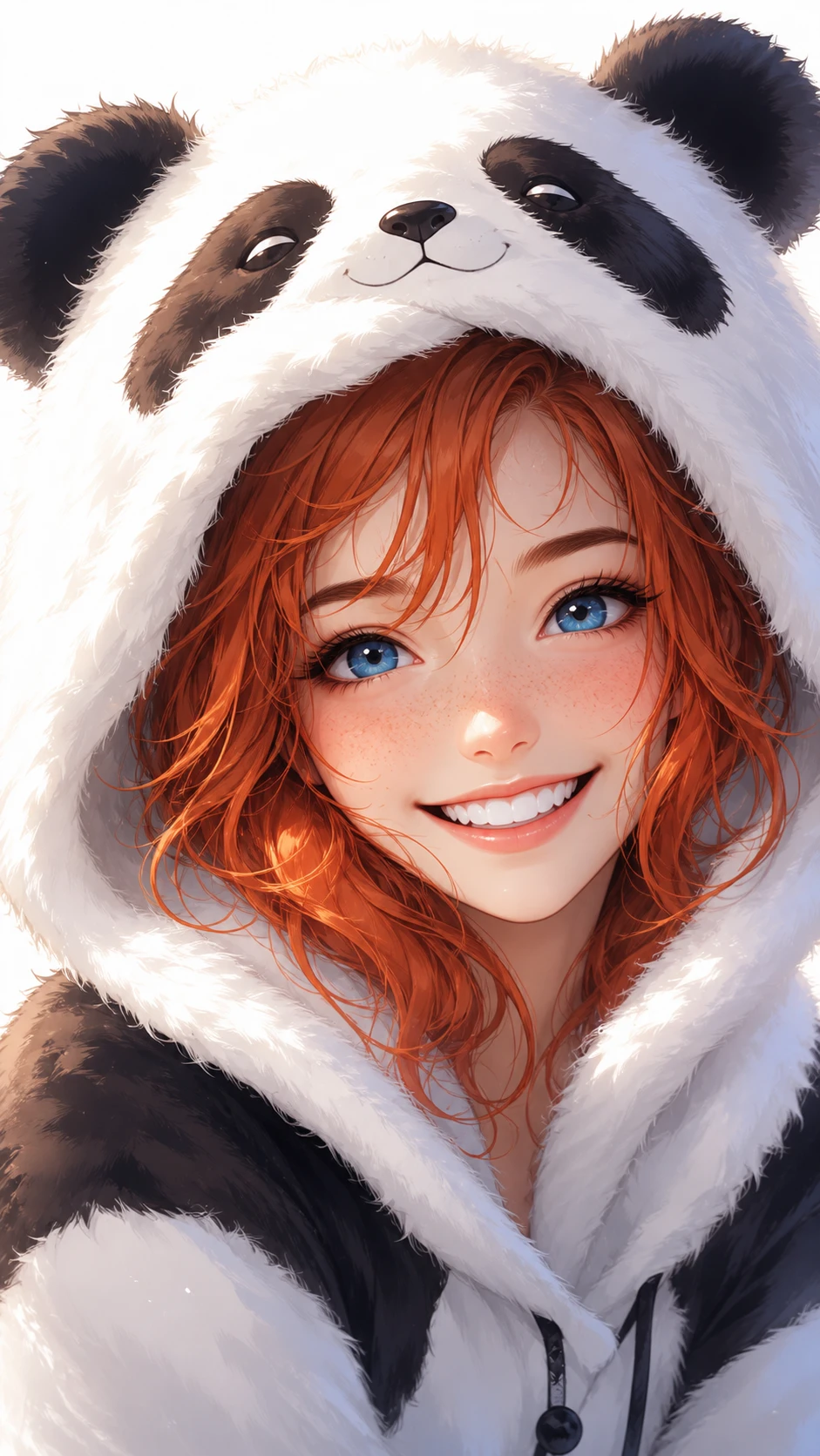 Retrato de garota de anime sorridente com capuz de panda fofinho