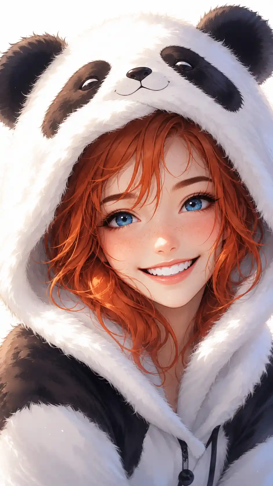 Smiling anime girl in fluffy panda hood portrait