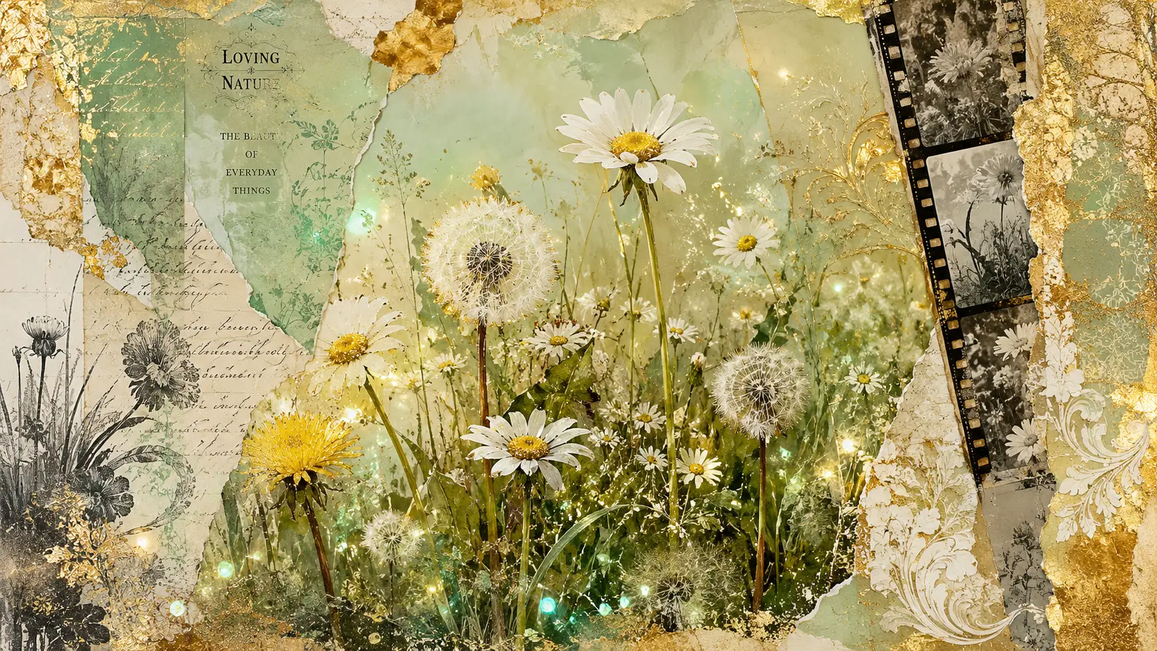 繽紛雛菊與蒲公英草地拼貼畫