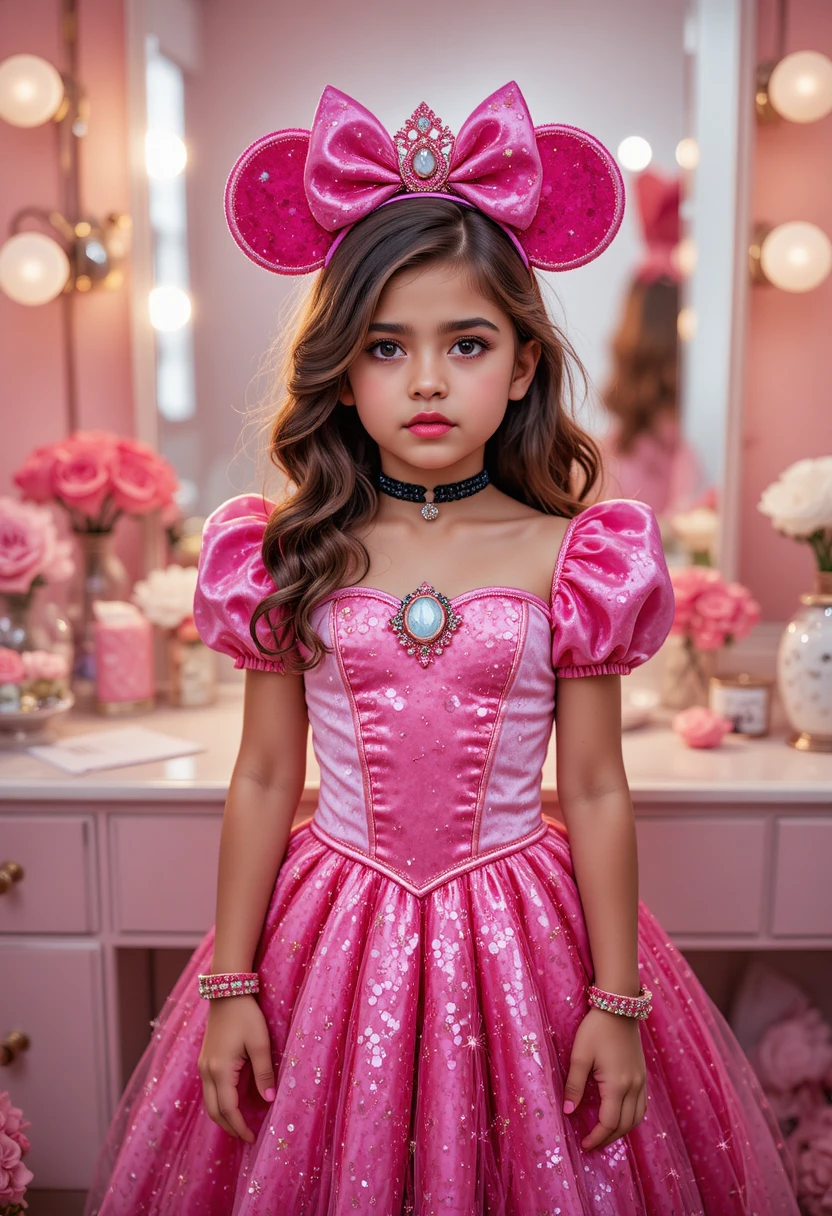 Menino pré-adolescente com fantasia de princesa em frente a uma penteadeira rosa