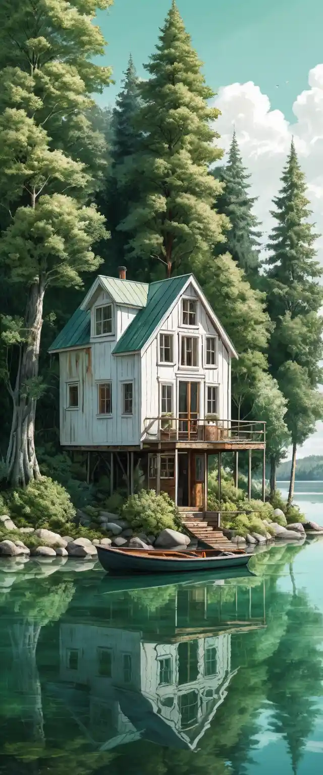 Petite maison au bord du lac sous de grands arbres verts