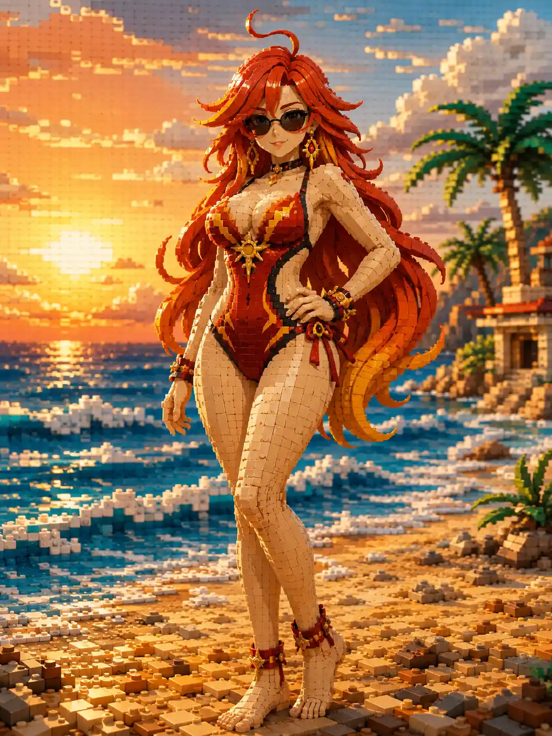 Donna sicura di sé in una scena di spiaggia costruita con mattoni