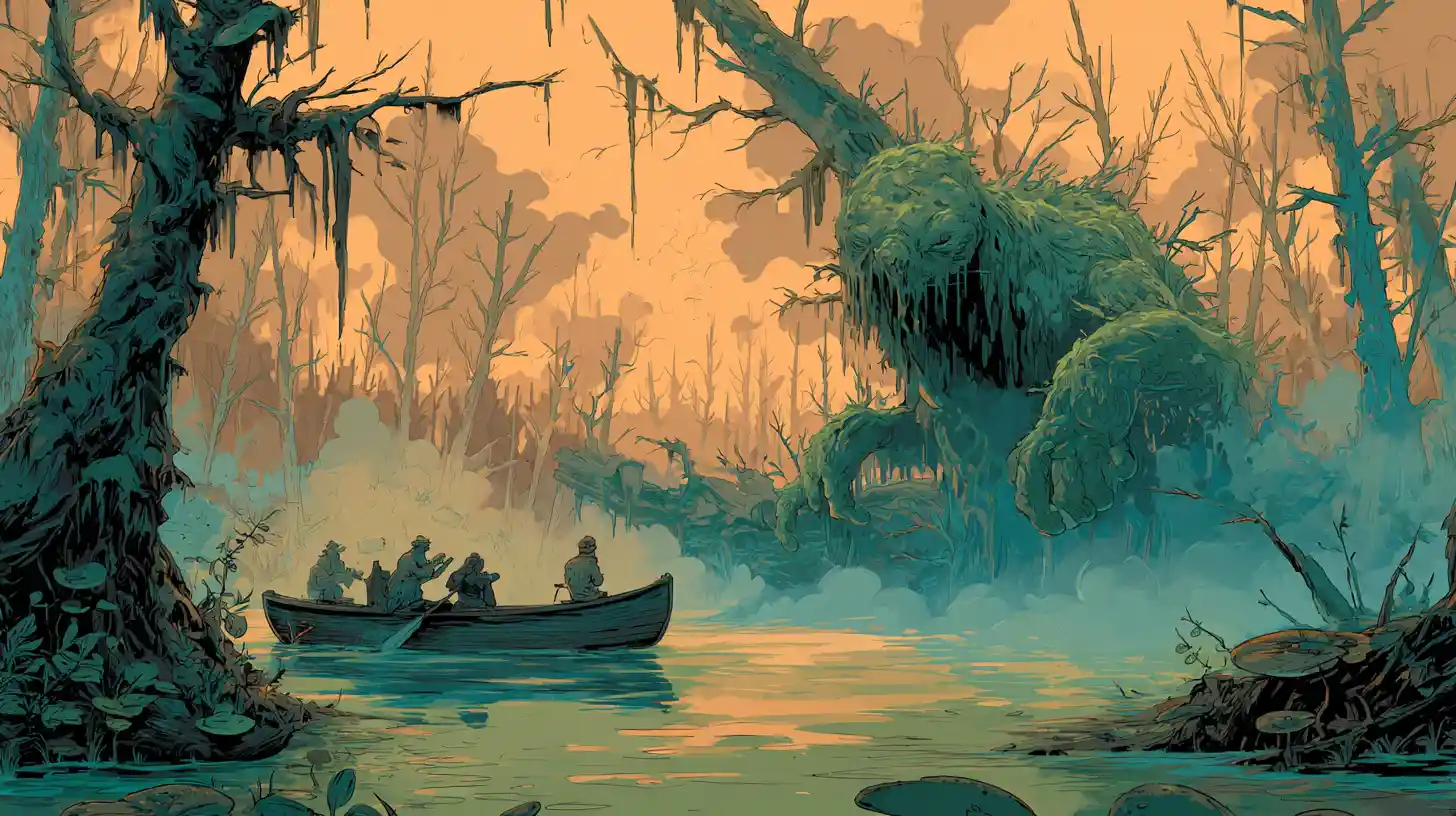 Macabre Monster Rising From Enchanted Swamp Before Terrified Canoeists
