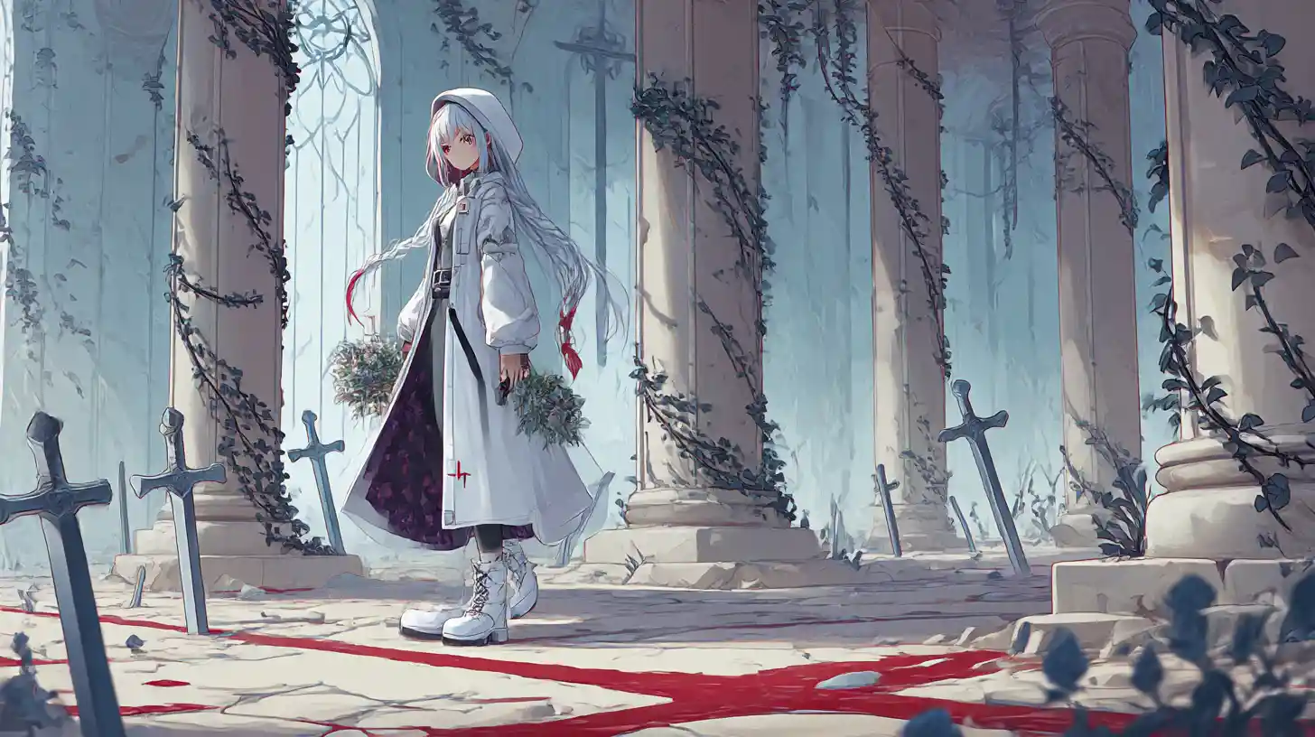 Anime girl in white coat with braids and combat boots