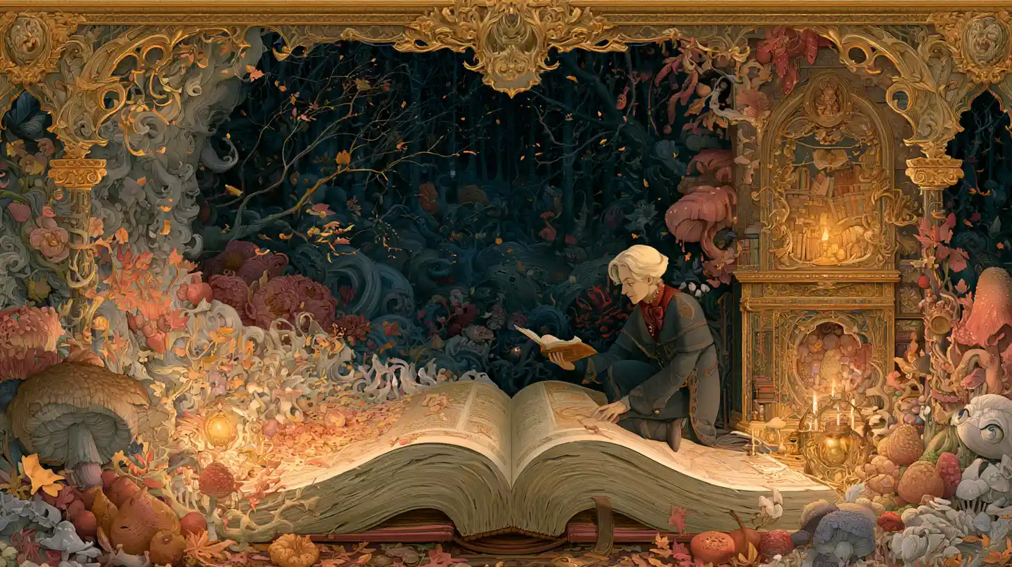Surreal vision of fractured fairy tale books in reflection