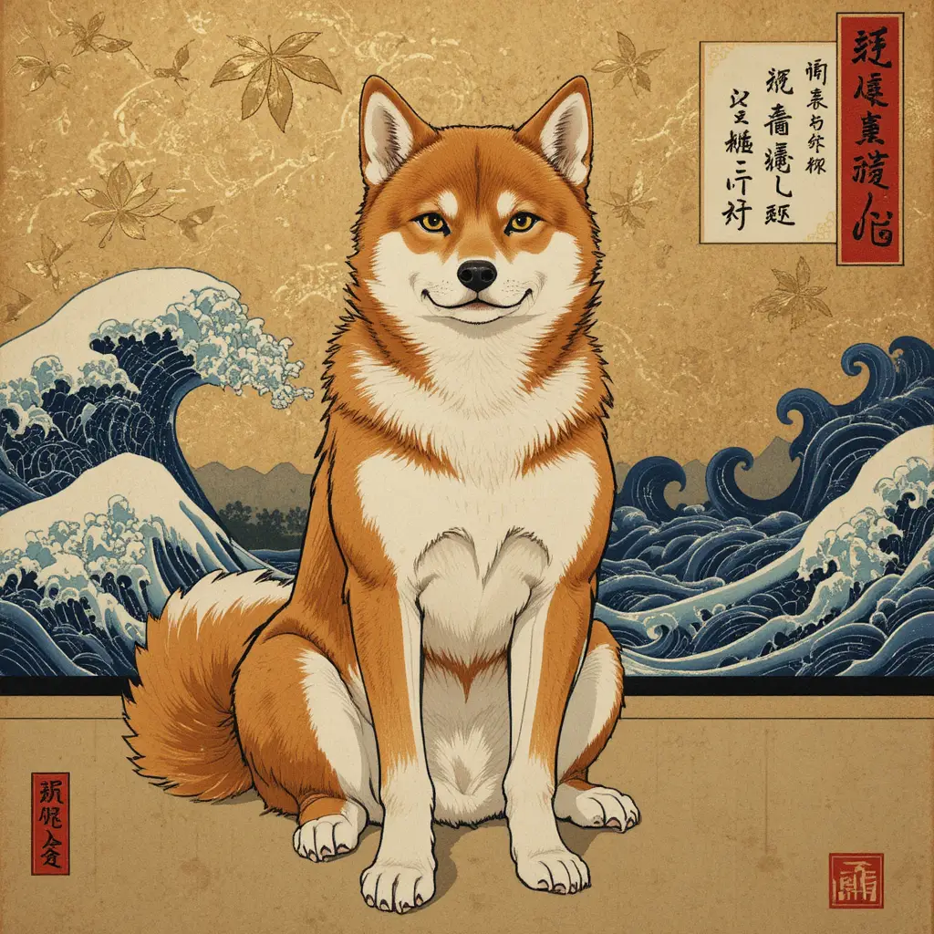 Shiba inu seduto con fierezza sul tatami in stile ukiyo-e