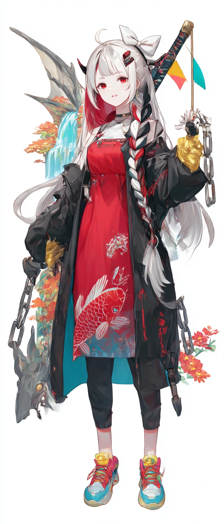 瀑布與帳篷旁的龍翼少女戰士