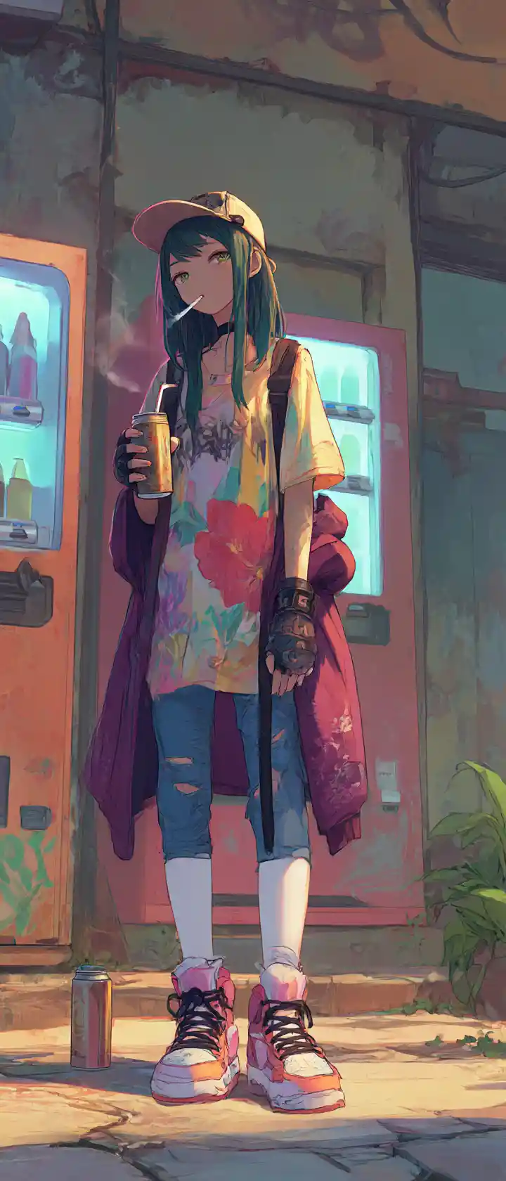 Anime girl with colorful graffiti on a city street